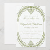 オリーブグリーンフレンチフラワーフレーム ブライダルシャワー 招待状 (正面/裏面)