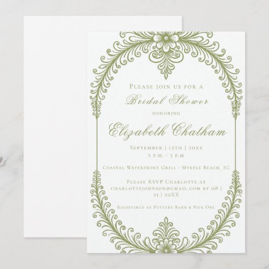 オリーブグリーンフレンチフラワーフレーム ブライダルシャワー 招待状 (正面/裏面)