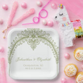 オリーブグリーンフレンチフラワーリングアーチウェディング ペーパープレート (パーティー)