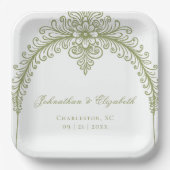 オリーブグリーンフレンチフラワーリングアーチウェディング ペーパープレート (正面)
