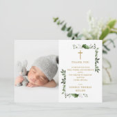 オリーブグリーンフローラフォトバプテスマ《キリスト教》洗礼式や命名式 サンキューカード (スタンド正面)