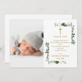 オリーブグリーンフローラフォトバプテスマ《キリスト教》洗礼式や命名式 サンキューカード (正面/裏面)