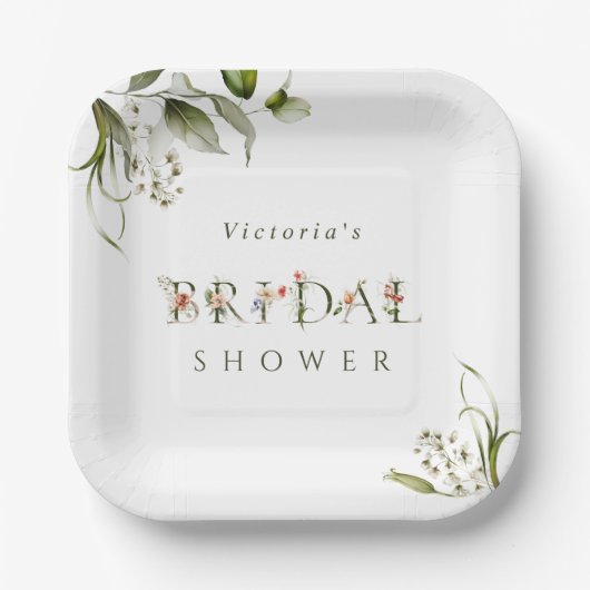 オリーブグリーンフローラ植物文字ブライダルシャワー ペーパープレート (正面)