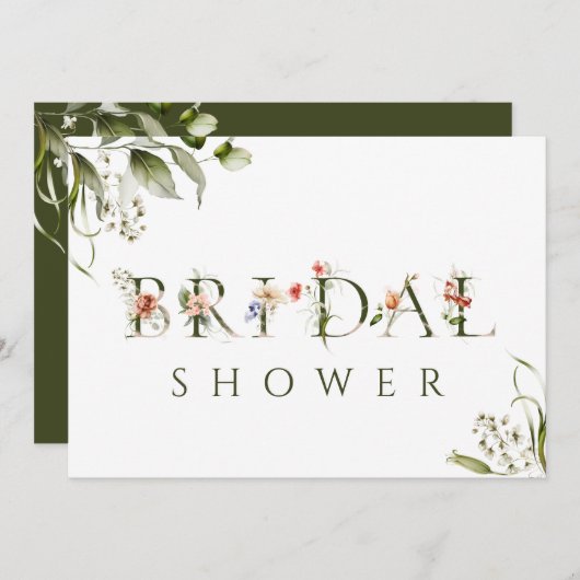 オリーブグリーンフローラ植物文字ブライダルシャワー 招待状 (正面/裏面)