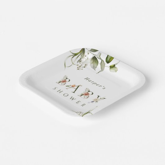 オリーブグリーンフローラ植物文字ベビーシャワー ペーパープレート (傾斜あり)
