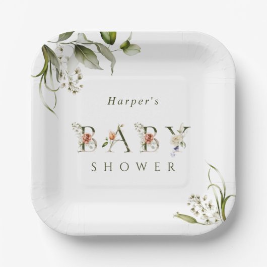 オリーブグリーンフローラ植物文字ベビーシャワー ペーパープレート (正面)