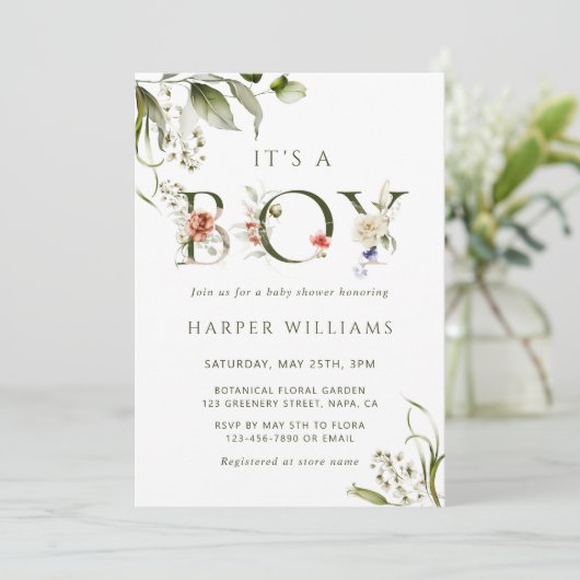 オリーブグリーンフローラ植物文字ベビーシャワー 招待状 (スタンド正面)
