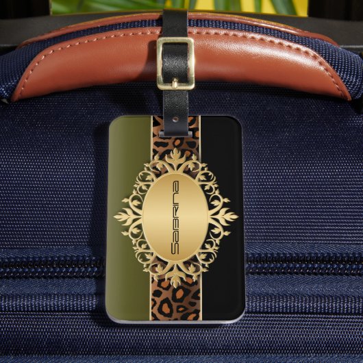 オリーブグリーンブラックアンドレオパードアニマルプリント ラゲッジタグ (正面インサイチュ2)