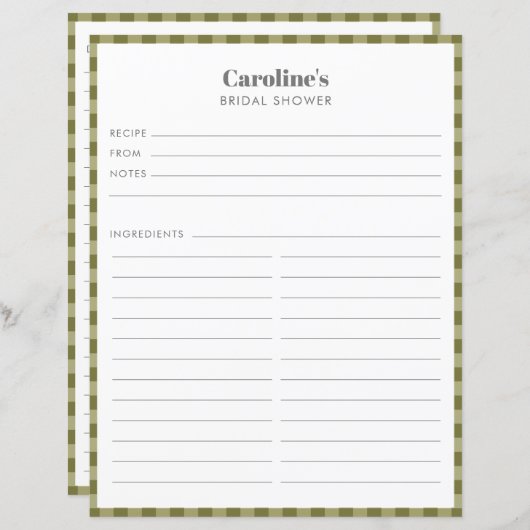 オリーブグリーンプレイドレシピページカスタムブライダルシャワー (正面/裏面)