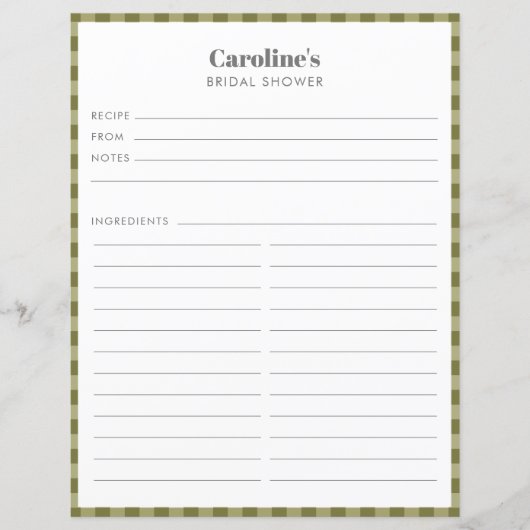 オリーブグリーンプレイドレシピページカスタムブライダルシャワー (正面)