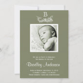 オリーブグリーンホワイトフレームモノグラムベビー発表 案内状 (正面)