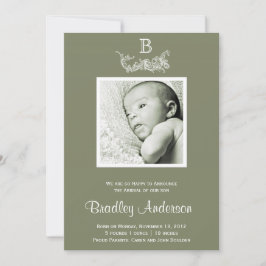 オリーブグリーンホワイトフレームモノグラムベビー発表 案内状