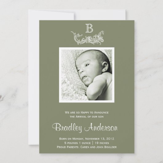 オリーブグリーンホワイトフレームモノグラムベビー発表 案内状 (正面)