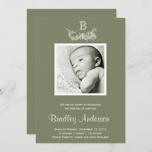 オリーブグリーンホワイトフレームモノグラムベビー発表 案内状 (正面/裏面)