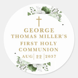 オリーブグリーンボタニカル モダン ファーストホーリーコミュニオン ラウンドシール