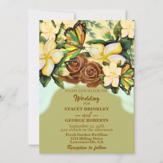 オリーブグリーンボホワイルドフラワーボタニカルフローラ 招待状 (正面)