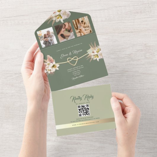 オリーブグリーンボー結婚ホ写真 オールインワン招待状 (貼ってはがせる)