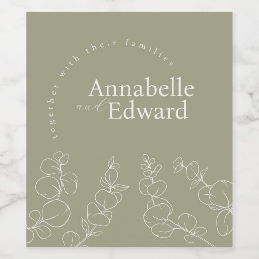 オリーブグリーンミニマリスト結婚植物体 ワインラベル (シングルラベル)