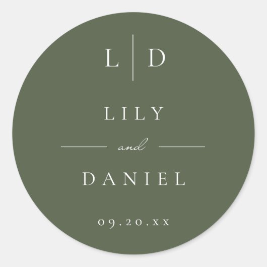 オリーブグリーンミニマルモノグラムウェディングギフト ラウンドシール (正面)