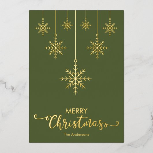 オリーブグリーンメリークリスマススノーフレーク金ゴールド 箔シーズンカード (正面)
