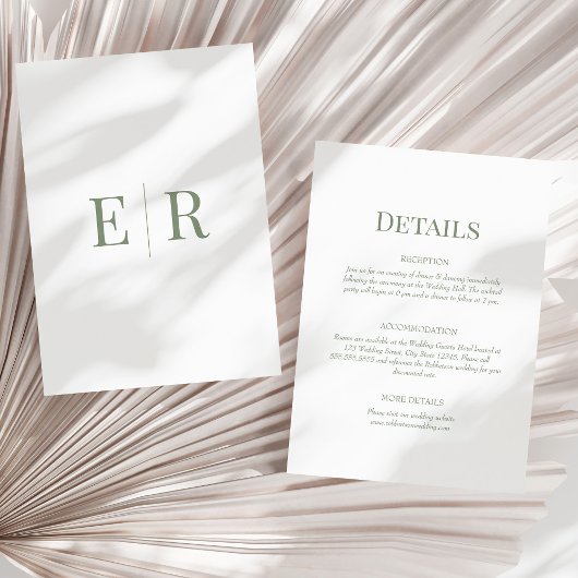 オリーブグリーンモノグラム結婚の詳細カード 招待状