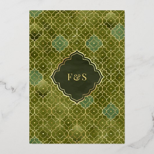 オリーブグリーンモロッコのムスリムウェディングゴールドフォイル 箔招待状 (裏面)