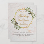 オリーブグリーンリー金ゴールド植物幾何学結婚体 招待状 (正面/裏面)