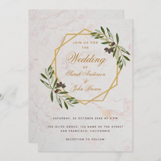 オリーブグリーンリー金ゴールド植物幾何学結婚体 招待状 (正面/裏面)