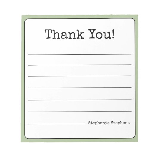 オリーブグリーンレトロ感謝の意を表す お名前入り罫線入り ノートパッド (正面)