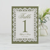 オリーブグリーンレースドイリー結婚式テーブルナンバー 招待状 (スタンド正面)
