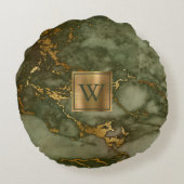 オリーブグリーン大理石フェイク金箔モノグラム ラウンドクッション (裏面)