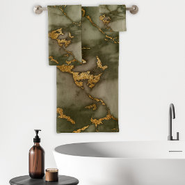 オリーブグリーン大理石金ゴールドホイルフェイクー バスタオルセット