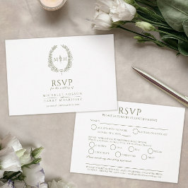 オリーブグリーン楕円形の葉モノグラムの食事RSVP 結婚's 出欠カード