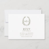 オリーブグリーン楕円形の葉モノグラムの食事RSVP 結婚's 出欠カード (正面)