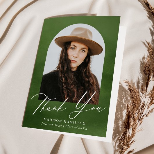 オリーブグリーン水彩アーチ写真卒業 サンキューカード