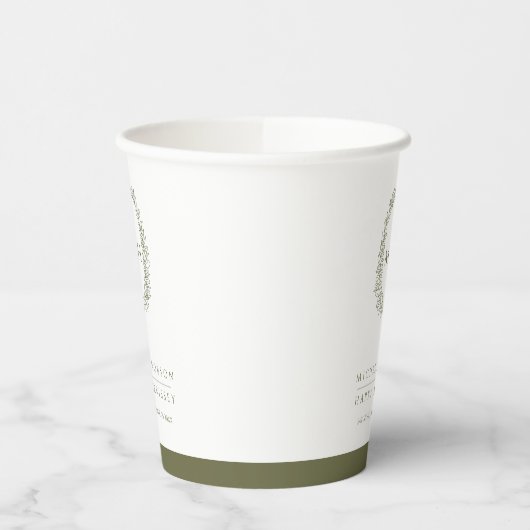 オリーブグリーン白い手描き葉モノグラム結婚の 紙コップ (左)