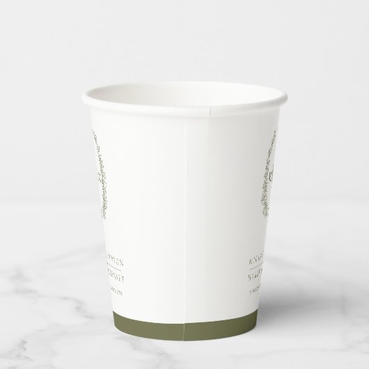 オリーブグリーン白い手描き葉モノグラム結婚の 紙コップ (右)