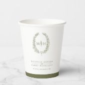 オリーブグリーン白い手描き葉モノグラム結婚の 紙コップ (正面)