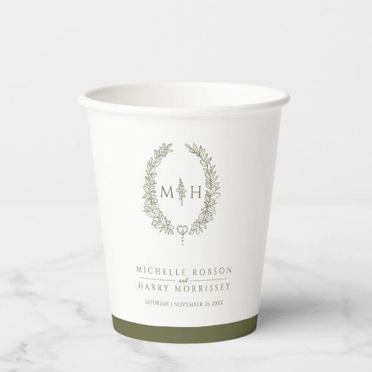 オリーブグリーン白い手描き葉モノグラム結婚の 紙コップ (正面)