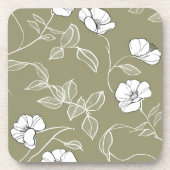 オリーブグリーン白シンプル線アート コースター (正面)