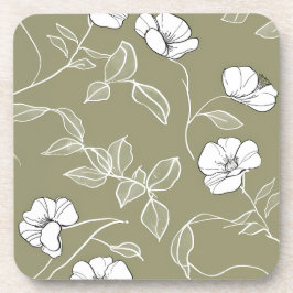 オリーブグリーン白シンプル線アート コースター