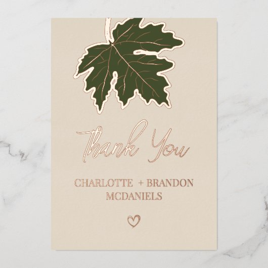 オリーブグリーン秋のカエデ結婚の葉ありがとう 箔招待状 (正面)