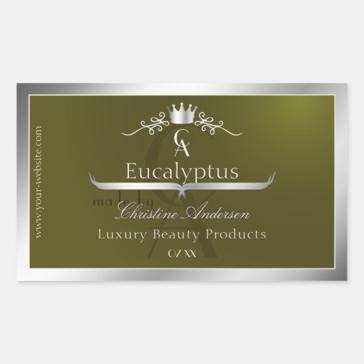 オリーブグリーン製品ラベル シルバーフレーム モノグラム 長方形シール (正面)
