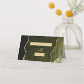 オリーブグリーン金ゴールドアガテ結婚スクリプトのテーブル プレイスカード (正面)