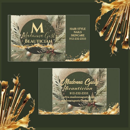 オリーブグリーン金ゴールドモノグラムビューティシャンプロフェッショナル 名刺