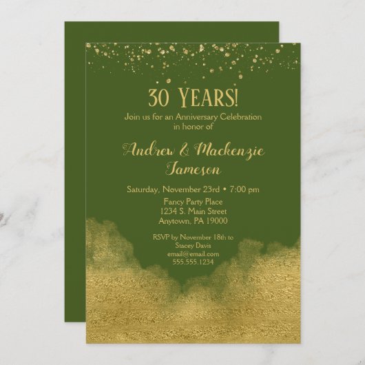 オリーブグリーン金ゴールド紙吹雪記念日招待状 招待状 (正面/裏面)