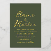 オリーブグリーン金ゴールド結婚スクリプト 箔招待状 (正面)