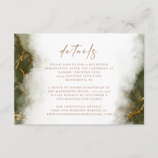 オリーブグリーン金ゴールド結婚マーブル詳細 エンクロージャーカード (正面)