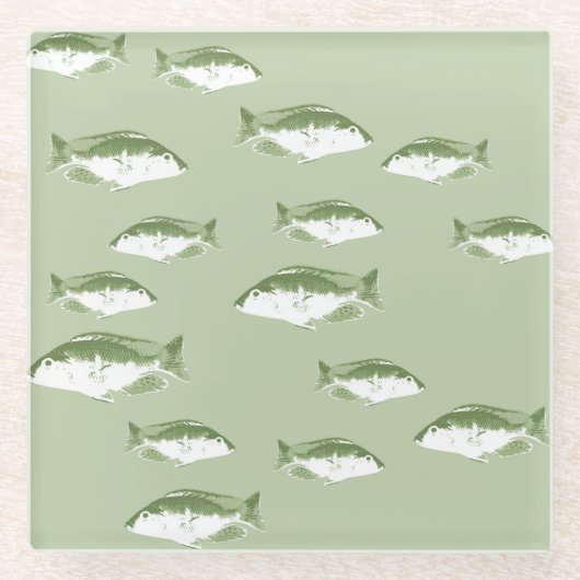 オリーブグリーン魚 ガラスコースター (正面)