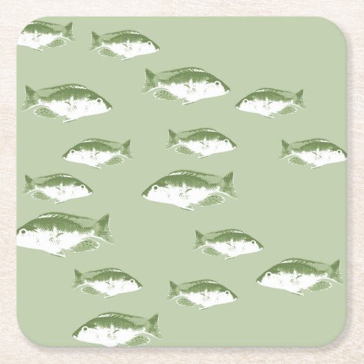 オリーブグリーン魚 スクエアペーパーコースター (正面)